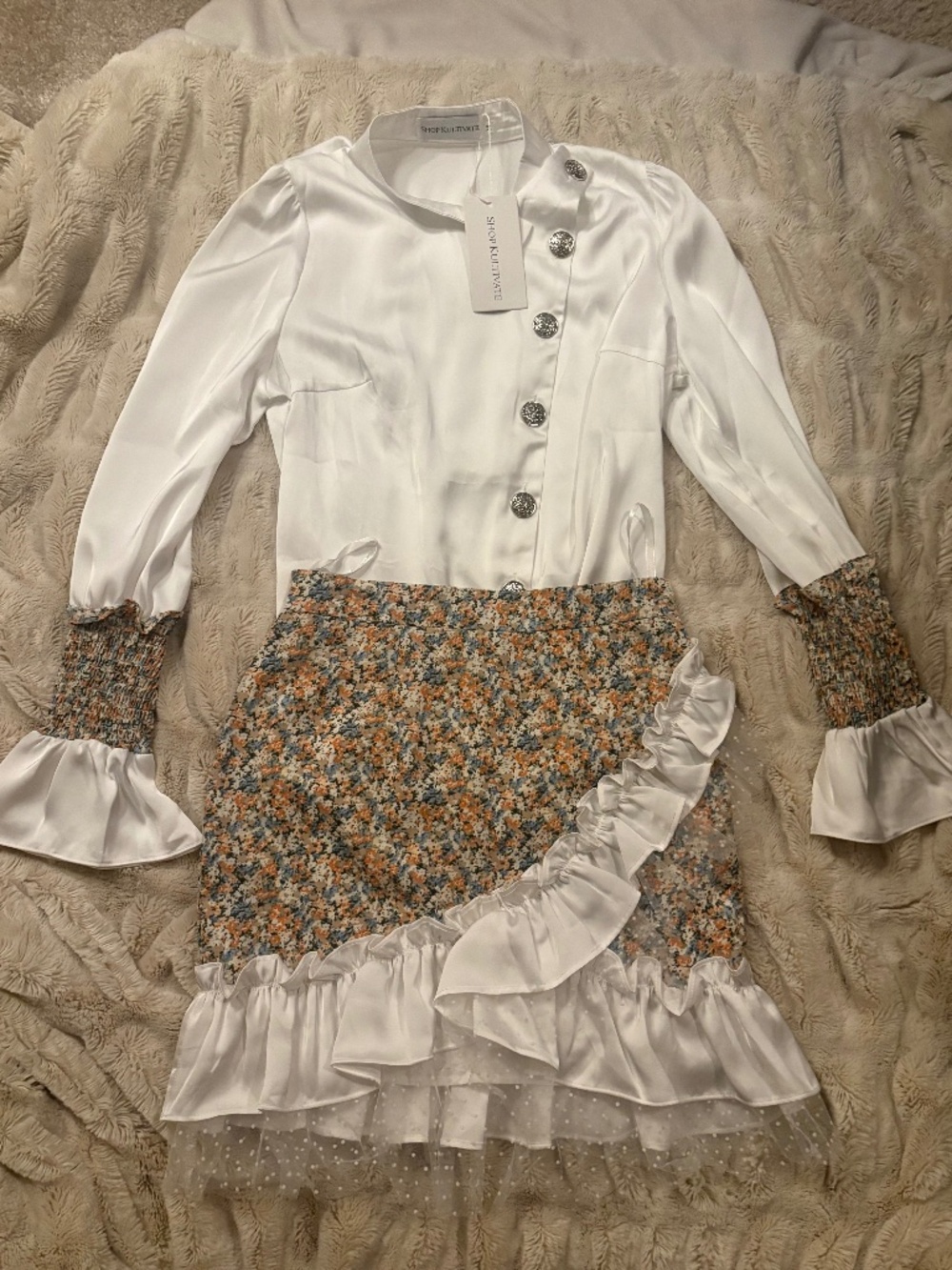 Shop Kultivate NWT White Satin Blouse & Floral Ruffle Mini Skirt Set